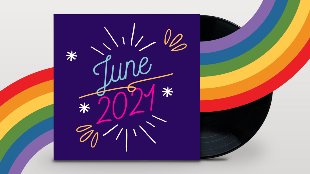 a rainbow cuts through a purple square, June 2021 in the middle of the square