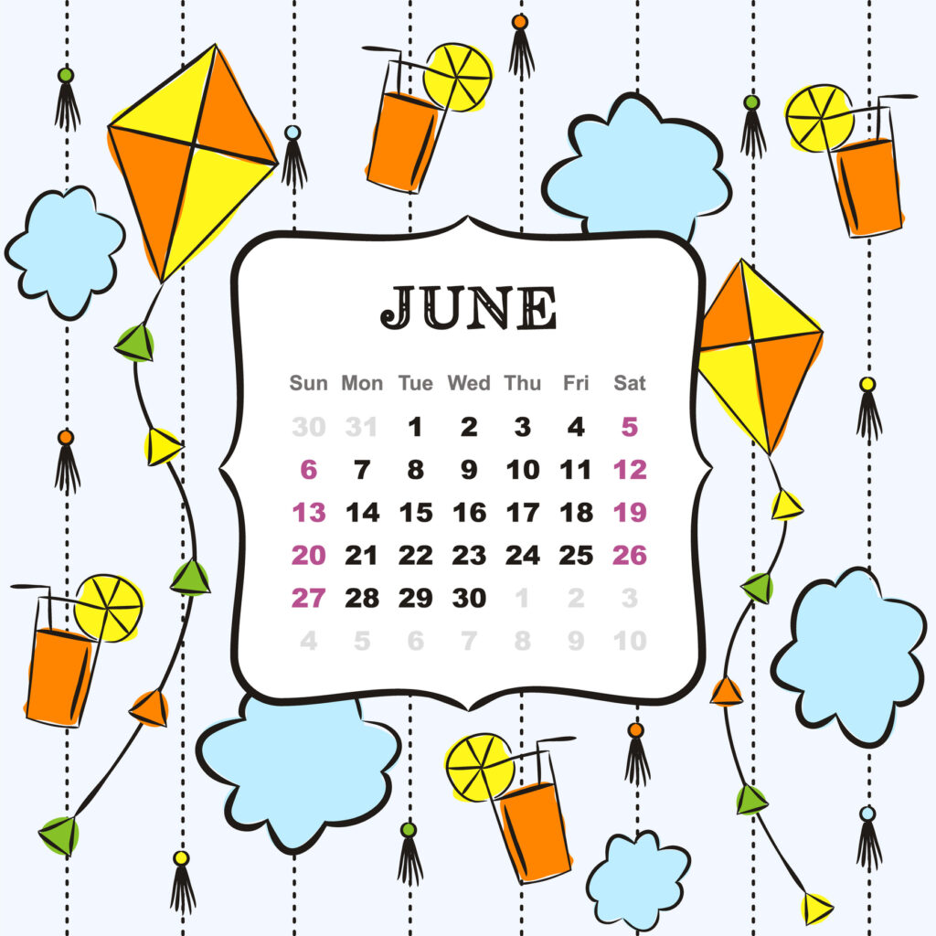 Thematic template for a calendar for 2021. The month of June. Design for the calendar on the theme of summer, clouds, kites and lemonade. Pattern for printing yearbooks and notebooks. Vector hand-drawn illustration, doodle style.