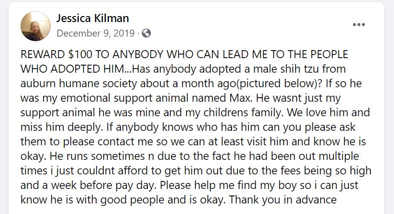 a post made by Jessica Kilman on an Auburn Facebook group