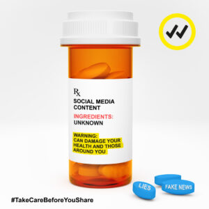 A pill bottle with a warning about sharing unknown information on social media