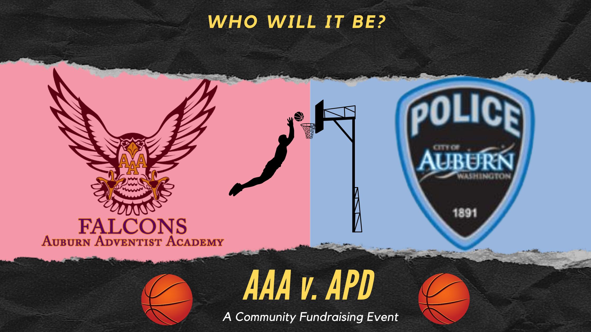 A graphic announcing the AAA v APD community basketball game. Details contained within the article.