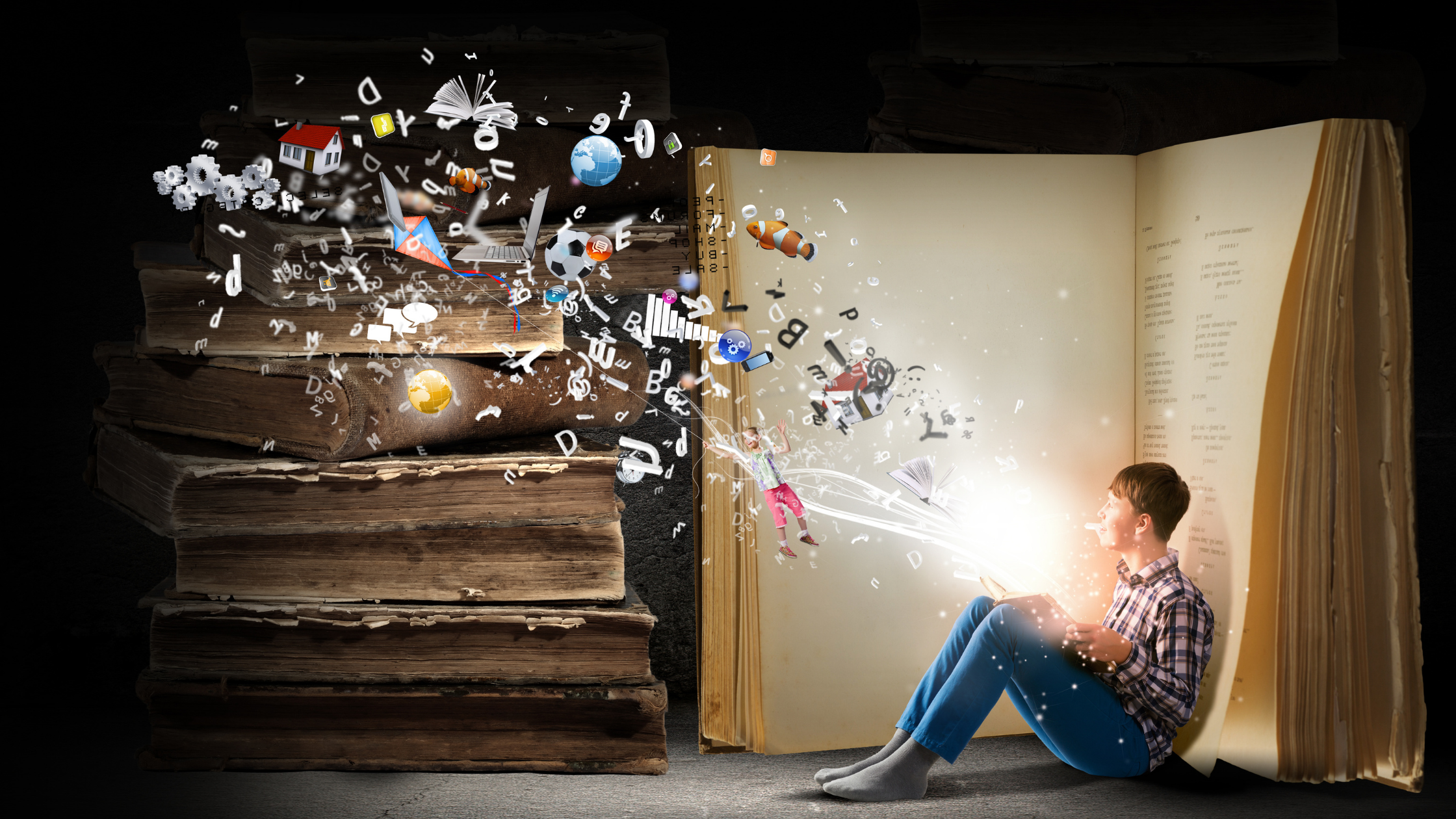 A boy sits against a large open book, an opened book in his lap. Light shines from the opened book in his lap, an array of items stream from the book indicating the many topics books can hold