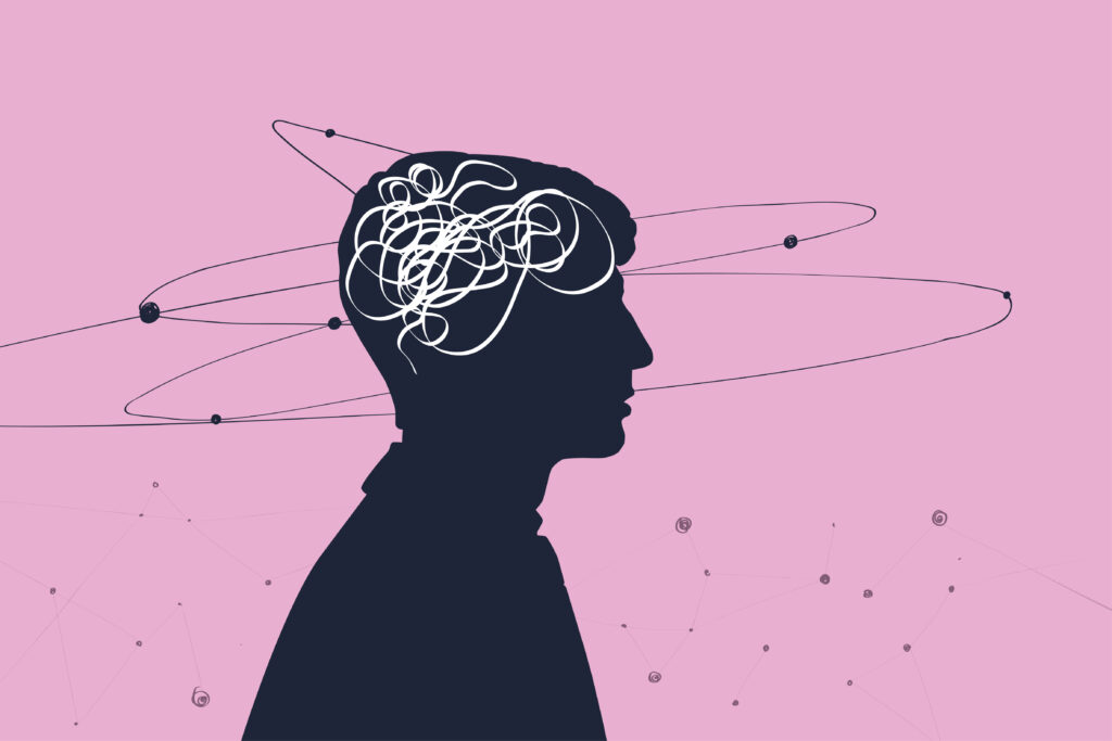 Profile of a person with thoughts in the form of a brain and satellites flying in orbits around the head, pink background
