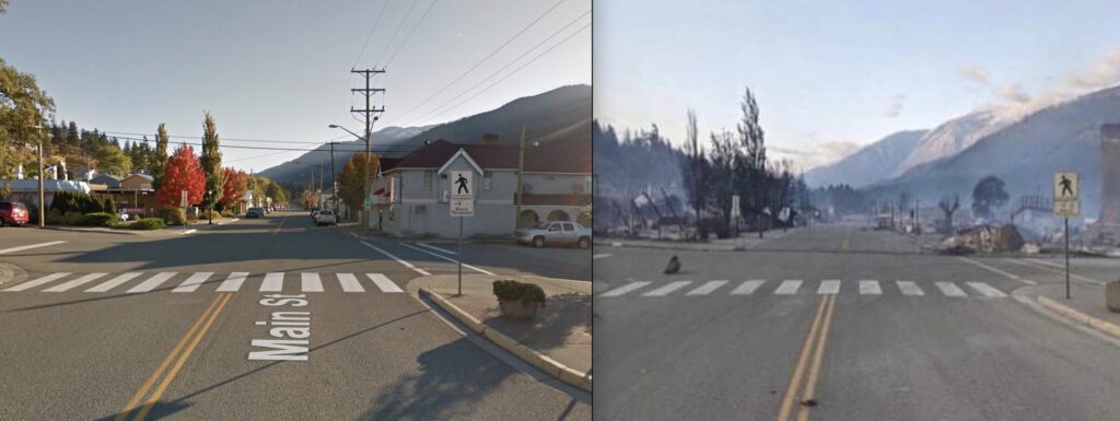 Lytton main street before and after the fire