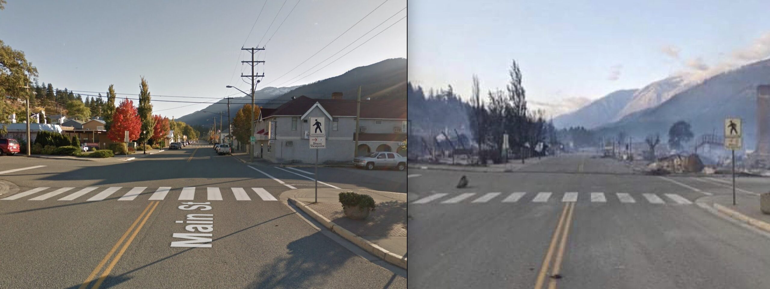 Lytton main street before and after the fire