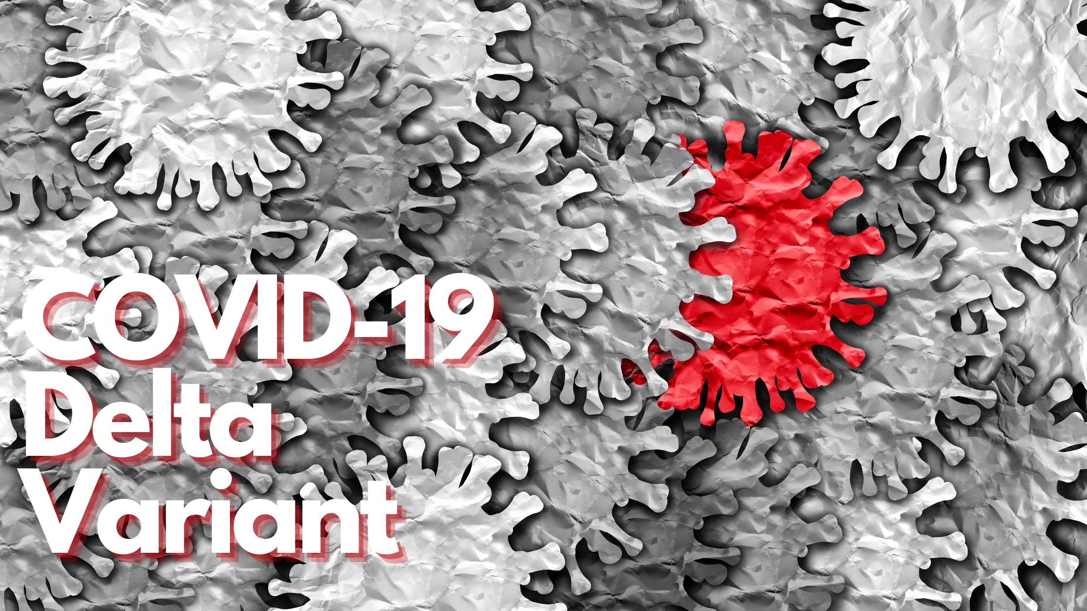 a graphic of white covid-19cells with a single red cell. "COVID-19 Delta Variant" is written in bold font over the graphic