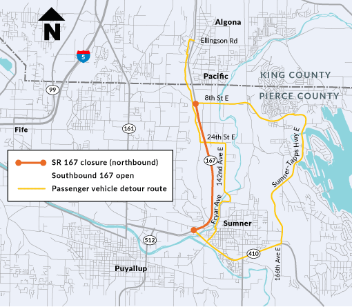 a map of the SR-167 passenger car detour