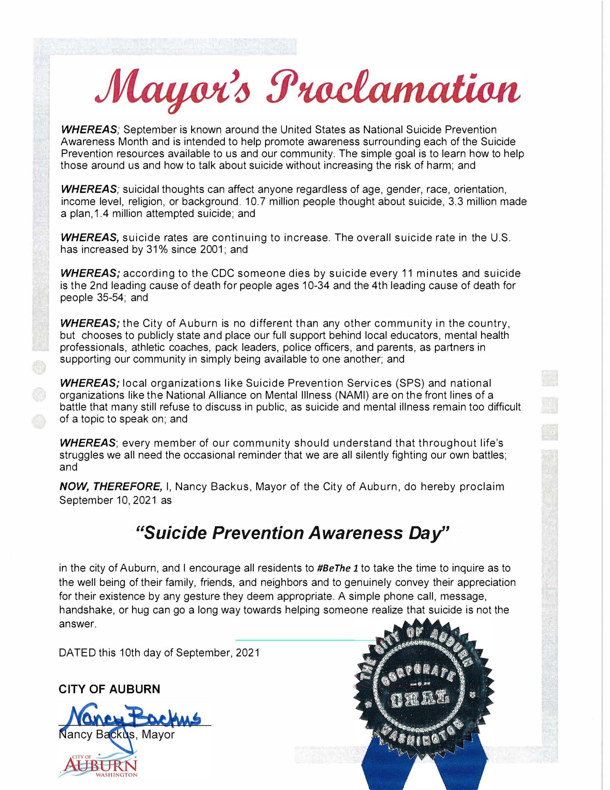 Mayor Nancy Backus' 2021 Suicide Prevention Day proclamation