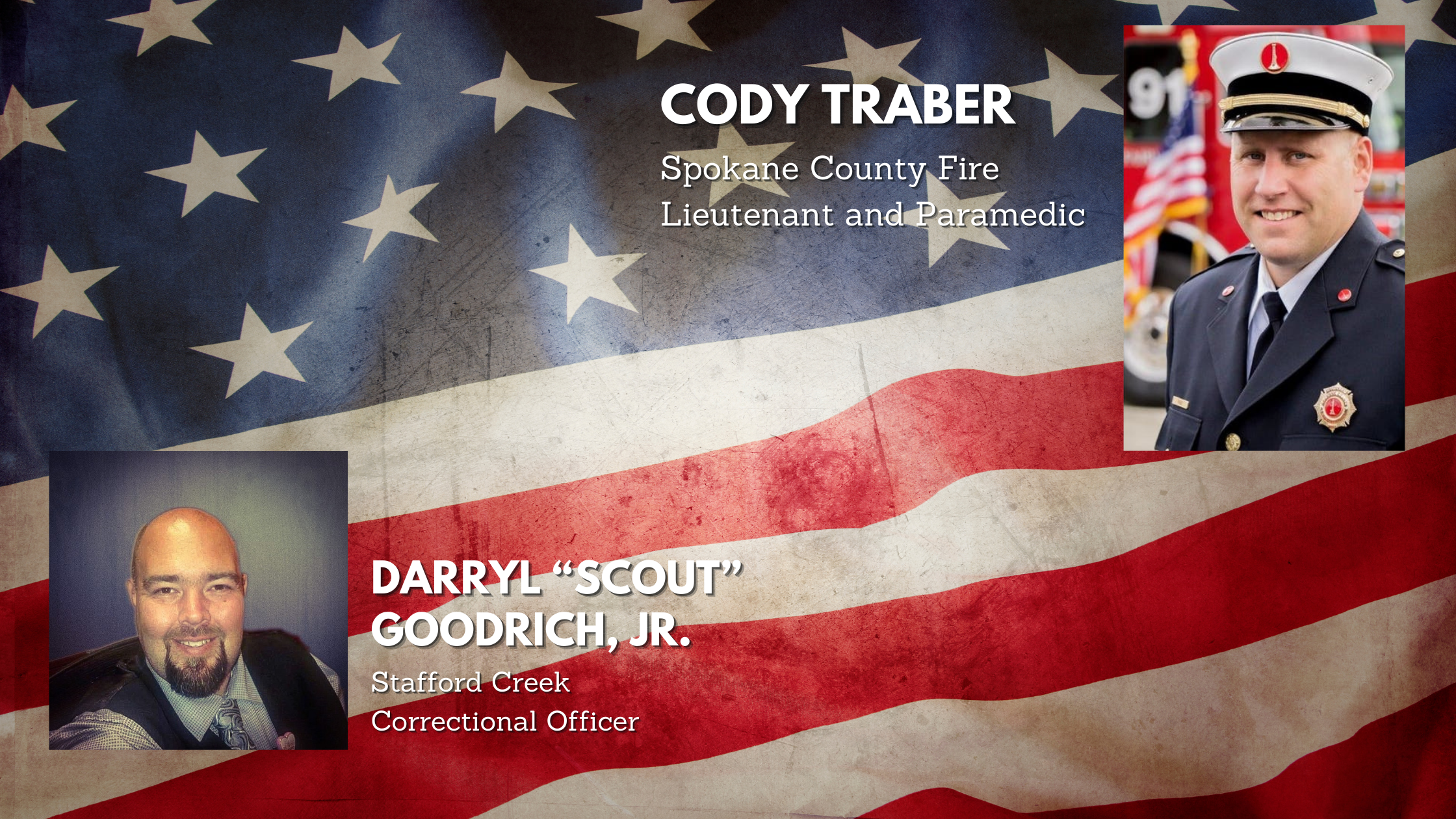 Header photo graphic of an American flag with overlay photos of two men, one is a formal firefighter's uniform, the other in a vest and tie.