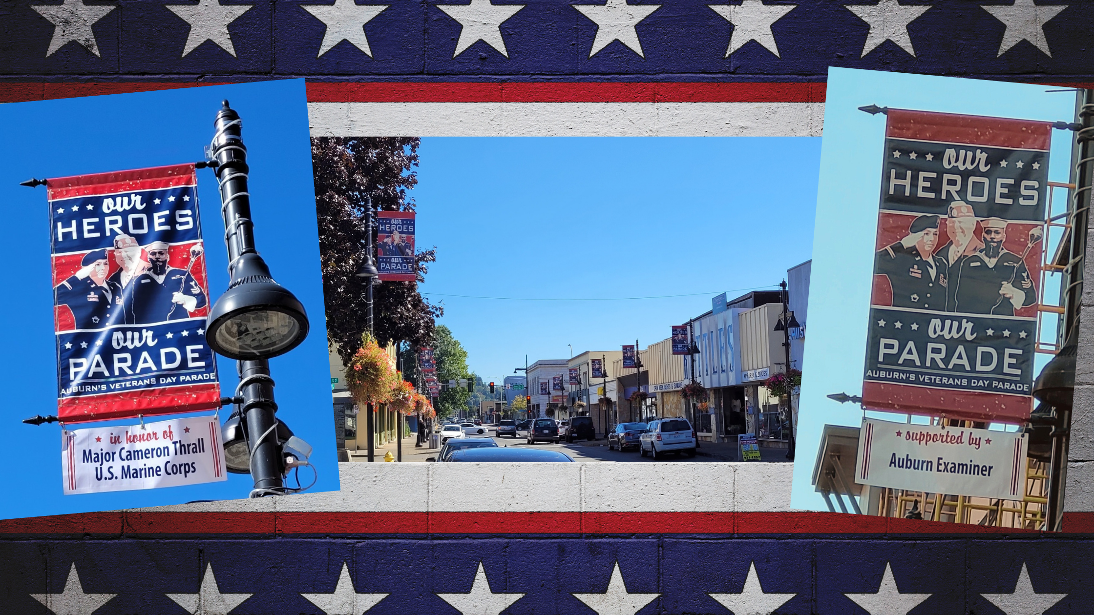 header graphic displaying a tribute banner for Major Cameron Thrall, the Auburn Examiner and downtown main st Auburn