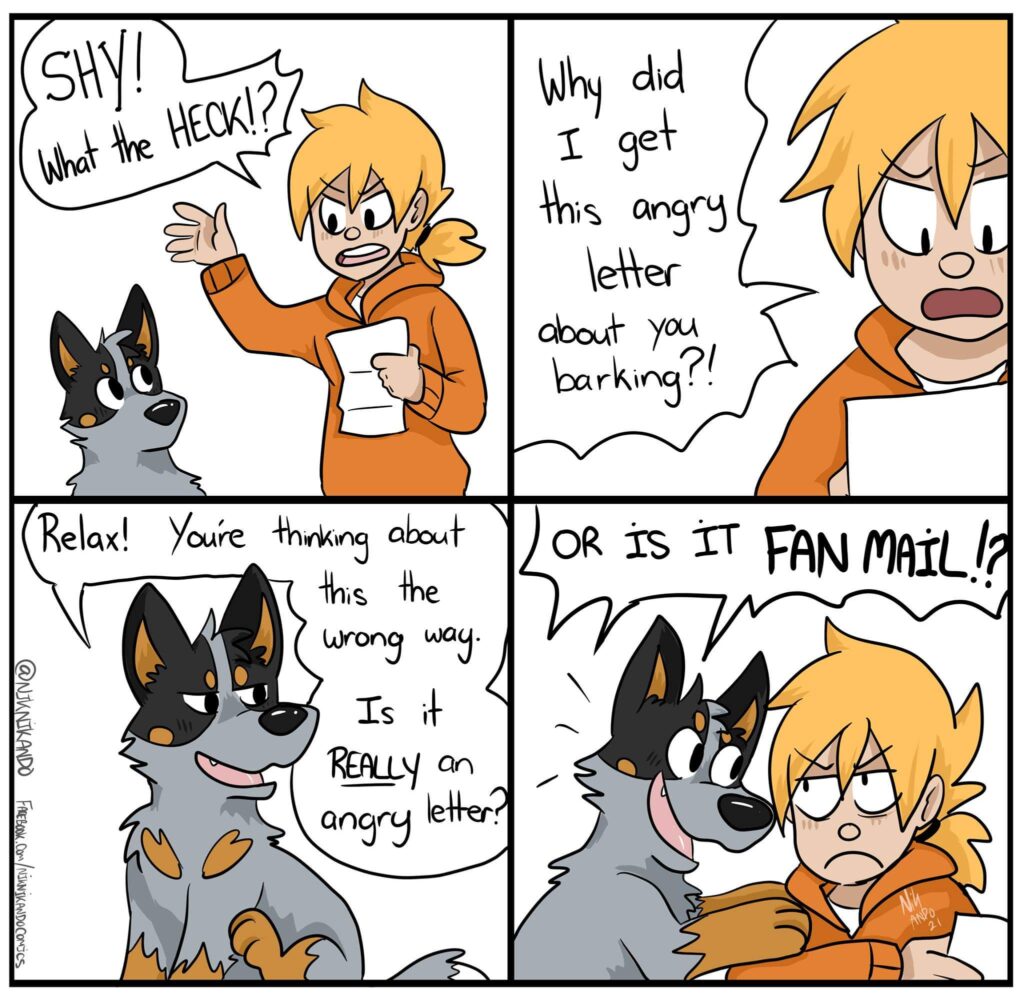 A comic of an owner getting a note about a barking dog, and the dog considering it fan mail