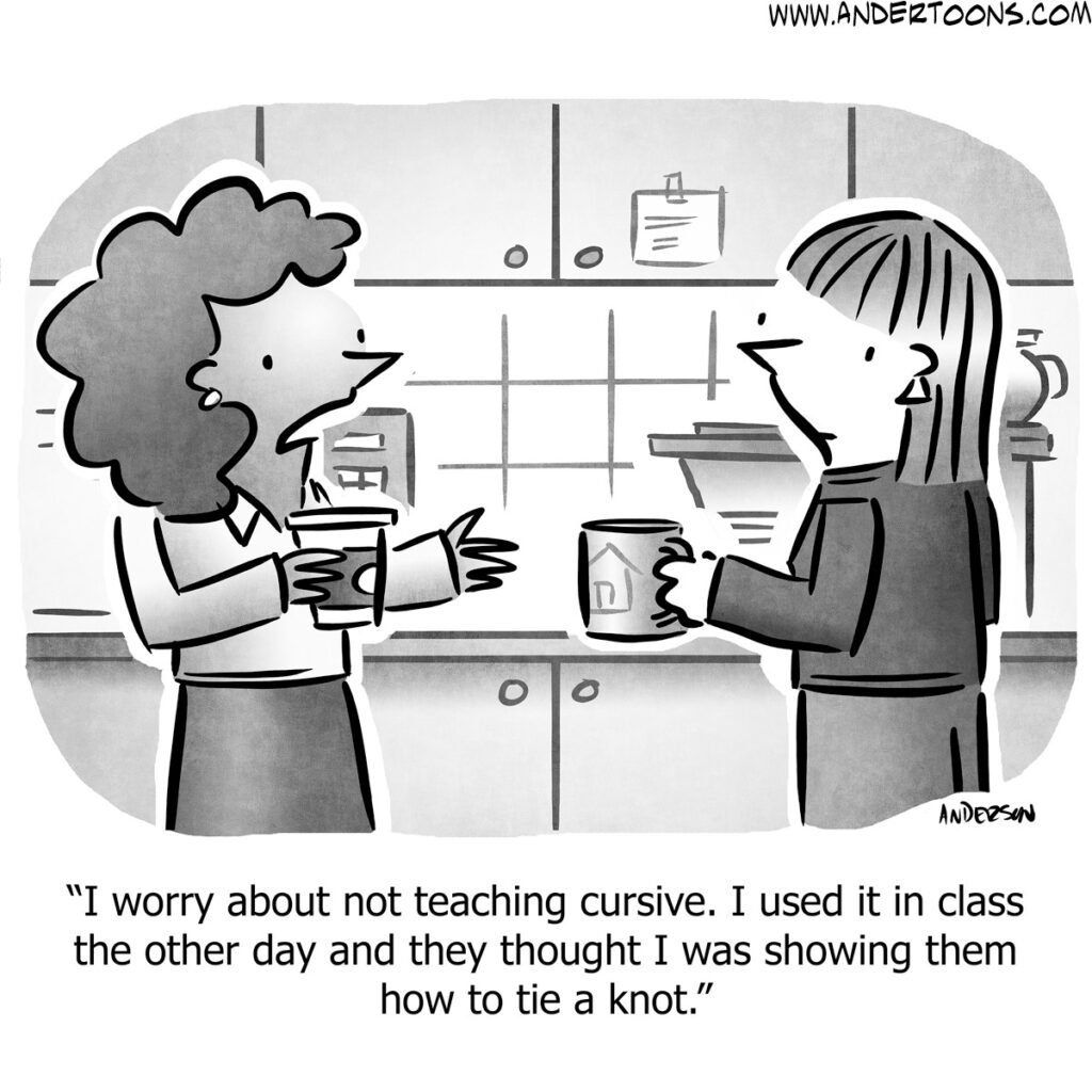 Two teachers discussing their concerns over no longer teaching cursive