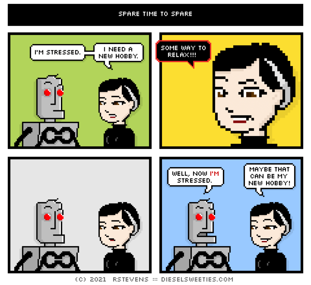 A comic strip from Dieselsweeties where two characters discuss getting a new hobby
