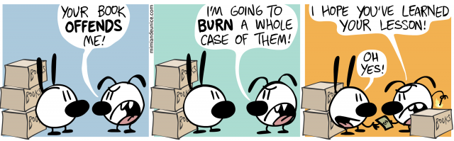 A comic strip of an individual buying a box of books to burn in disapproval of them