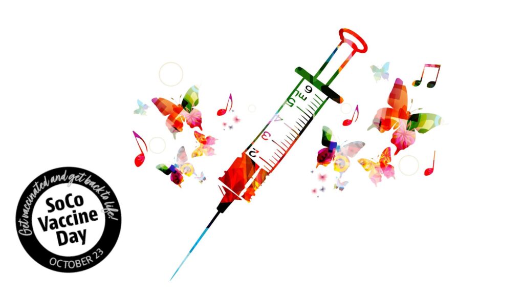 an colorful graphic of a needle surrounded by music notes, color splash and butterflies