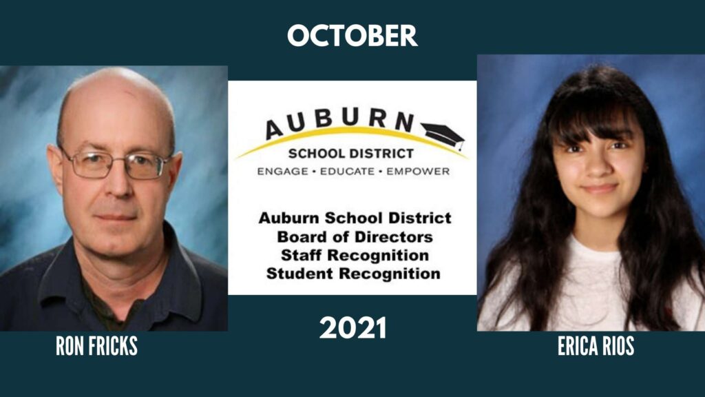Graphic announcing October 2021's student and staff member of the month