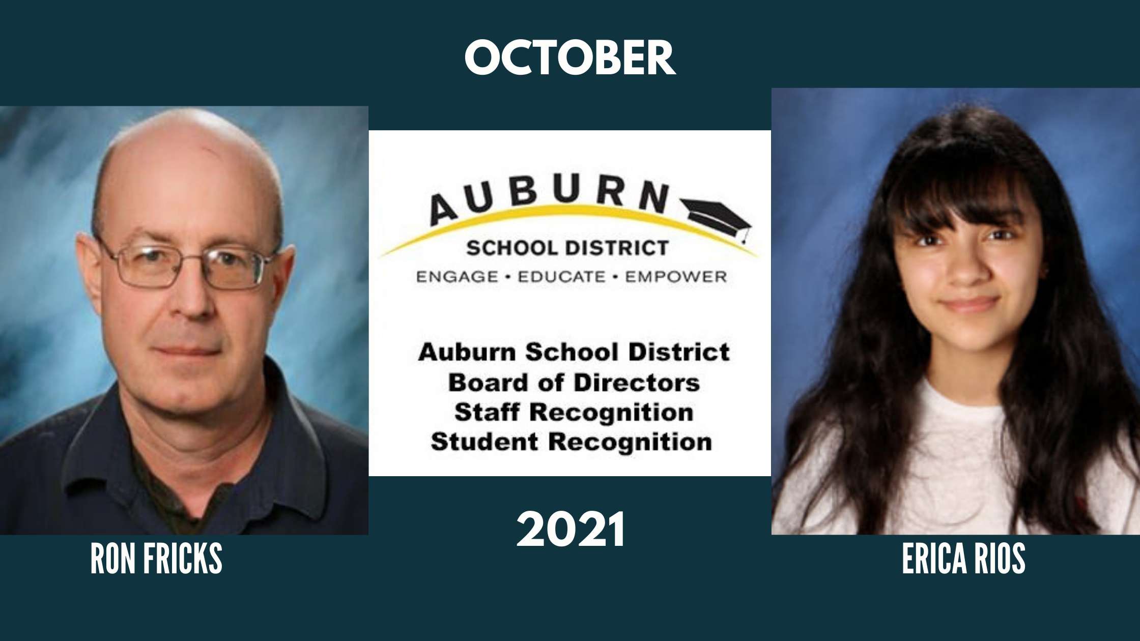 Graphic announcing October 2021's student and staff member of the month