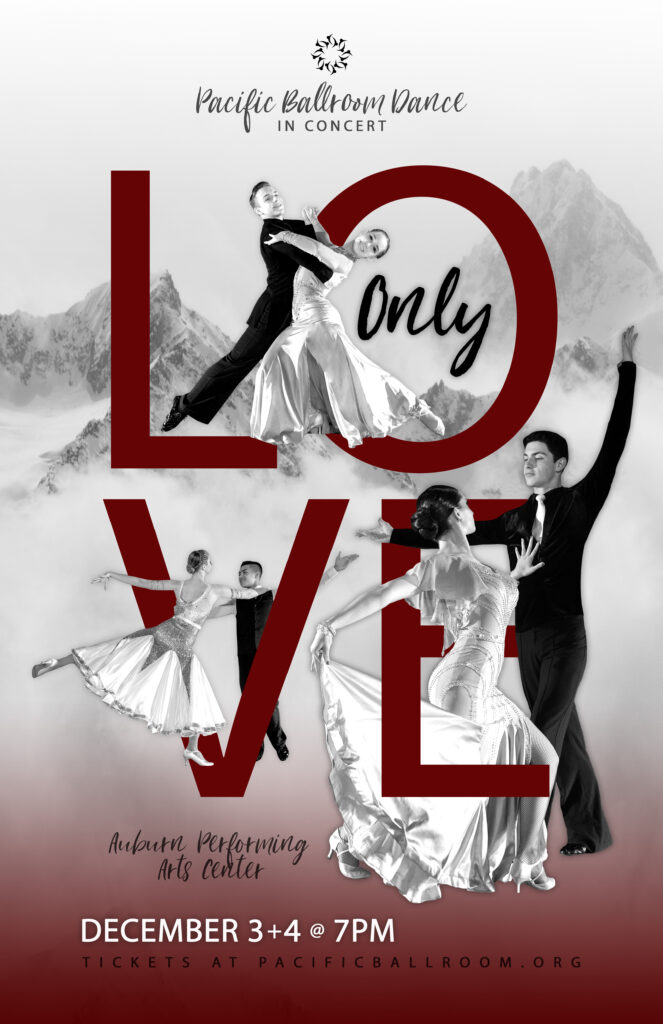 Large bold red letters spelling LOVE in a box, with "only" in black curvy letters inside the O. Black and white ballroom dancers are featured dancing on the poster.