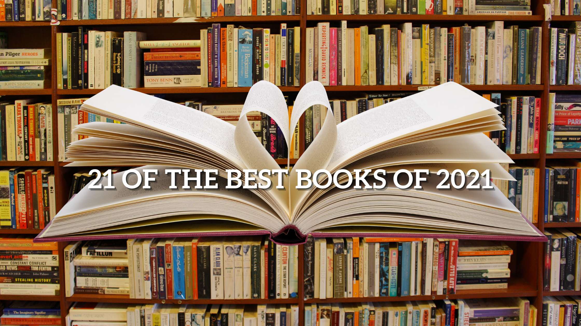 A book is opened with 2 pages folding to make a heart. The graphic background is shelves packed with books.