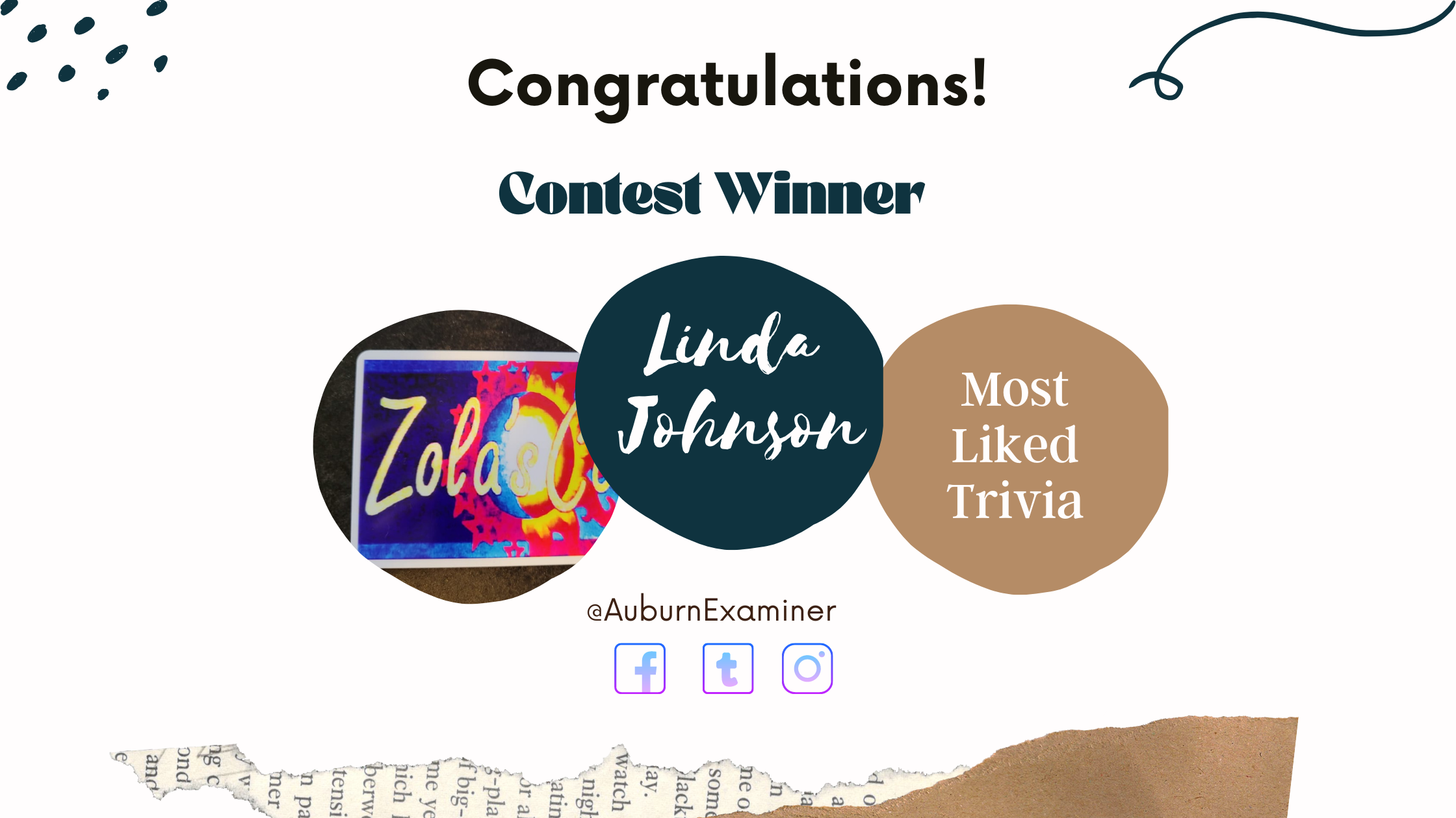 a graphic congratulating Linda Johnson for winning the most liked trivia contest