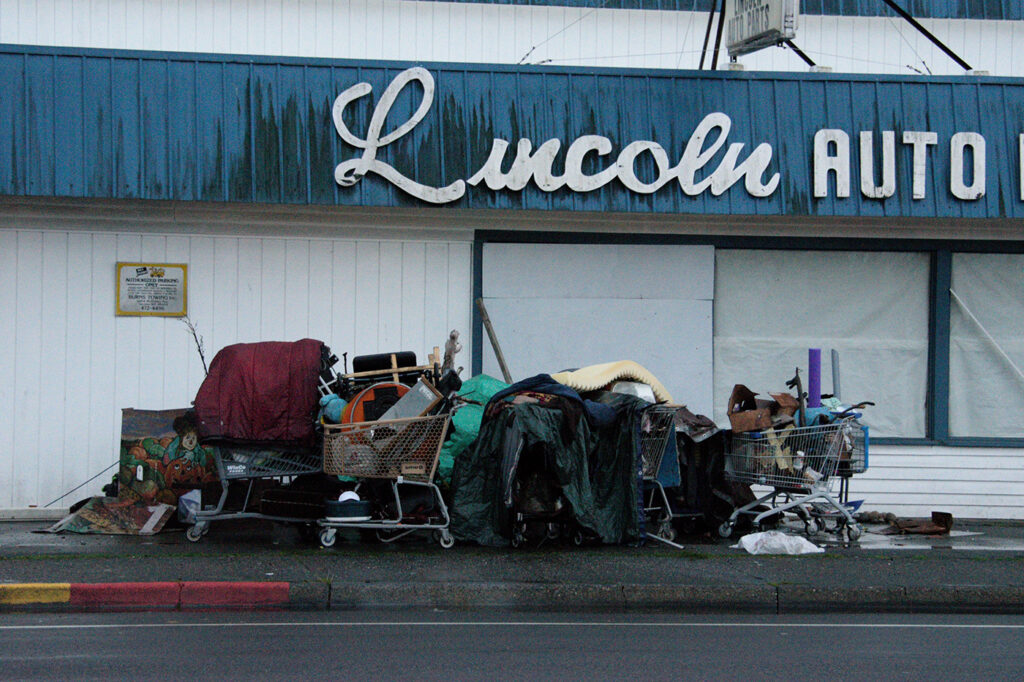 A grouping of carts and makeshift tents crunch together on a sidewalk forming a small homeless encampment