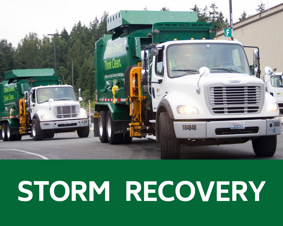 Two Waste Management trucks drive on a roadway. The words STORM RECOVERY are in all caps at the bottom of the graphic