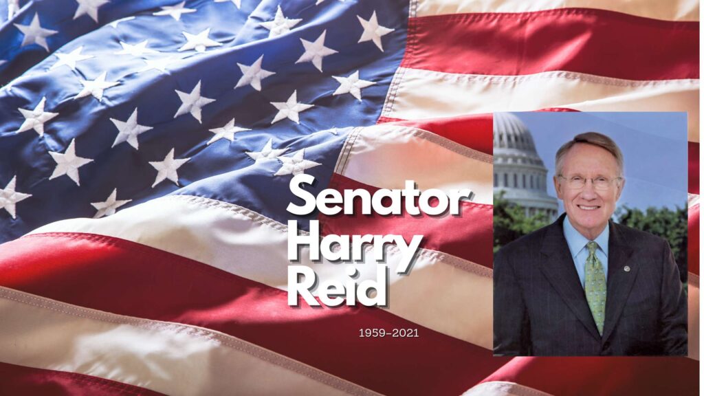 A photo of Sen. Harry Reid overlays a US Flag