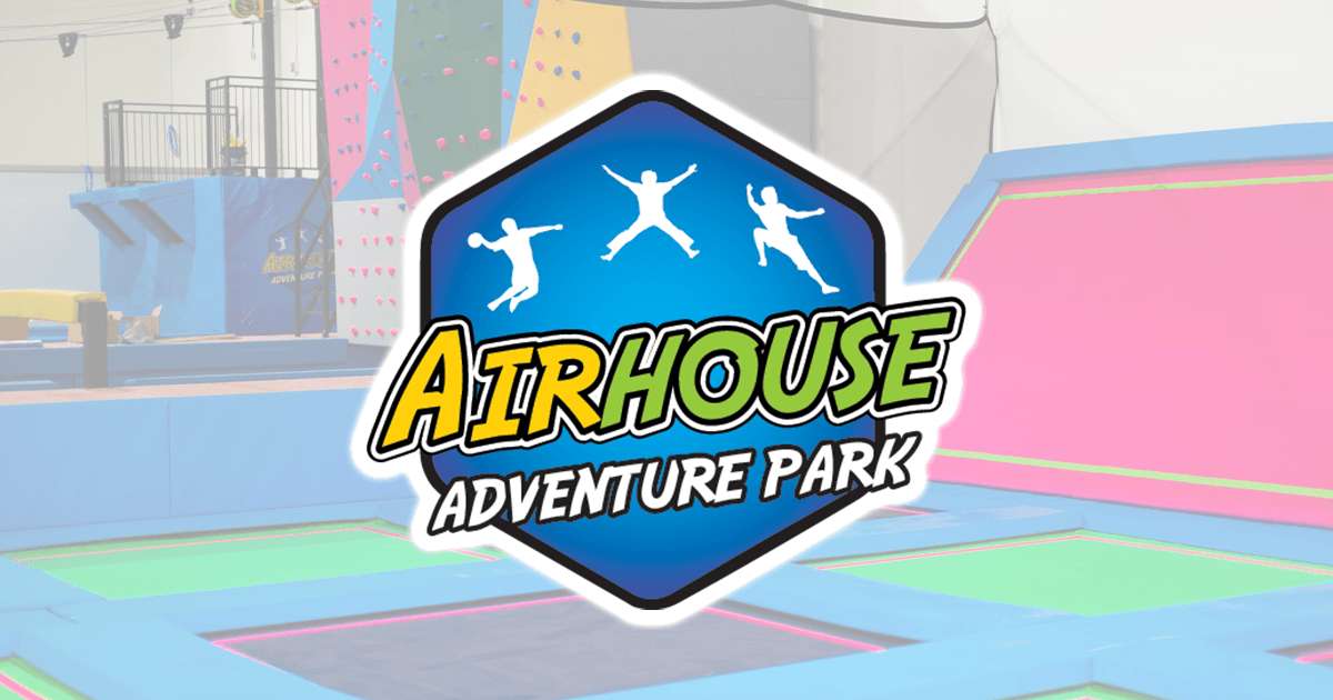 The Airhouse Adventure Park logo overlays a trampoline dodgeball arena