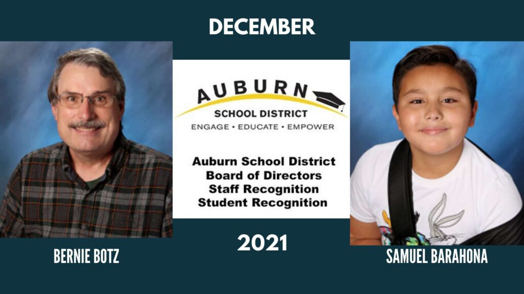 A graphic with photos of Bernie Botz and Samuel B for December's outstanding staff member of the month and student of the month