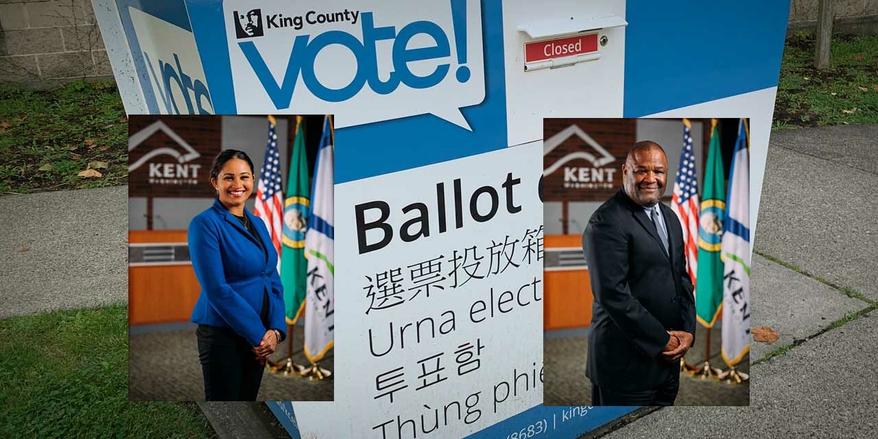 Kent City Councilmembers Swatwinder Kaur and Bill Boyce's photos over laying a King County ballot drop box