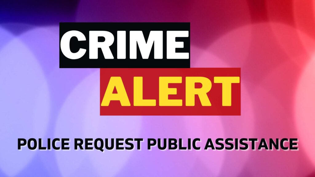 A blue and red background with the bold words "CRIME ALERT" and "police request public assistance"