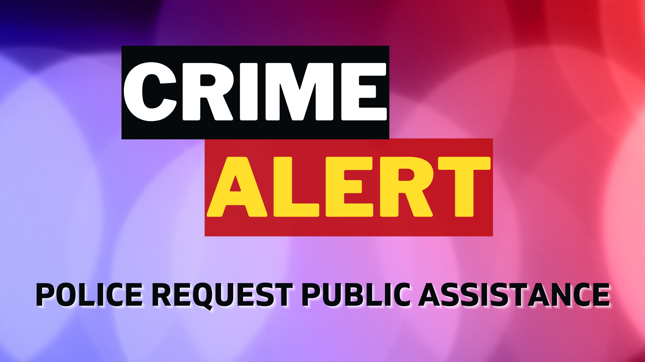 A blue and red background with the bold words "CRIME ALERT" and "police request public assistance"