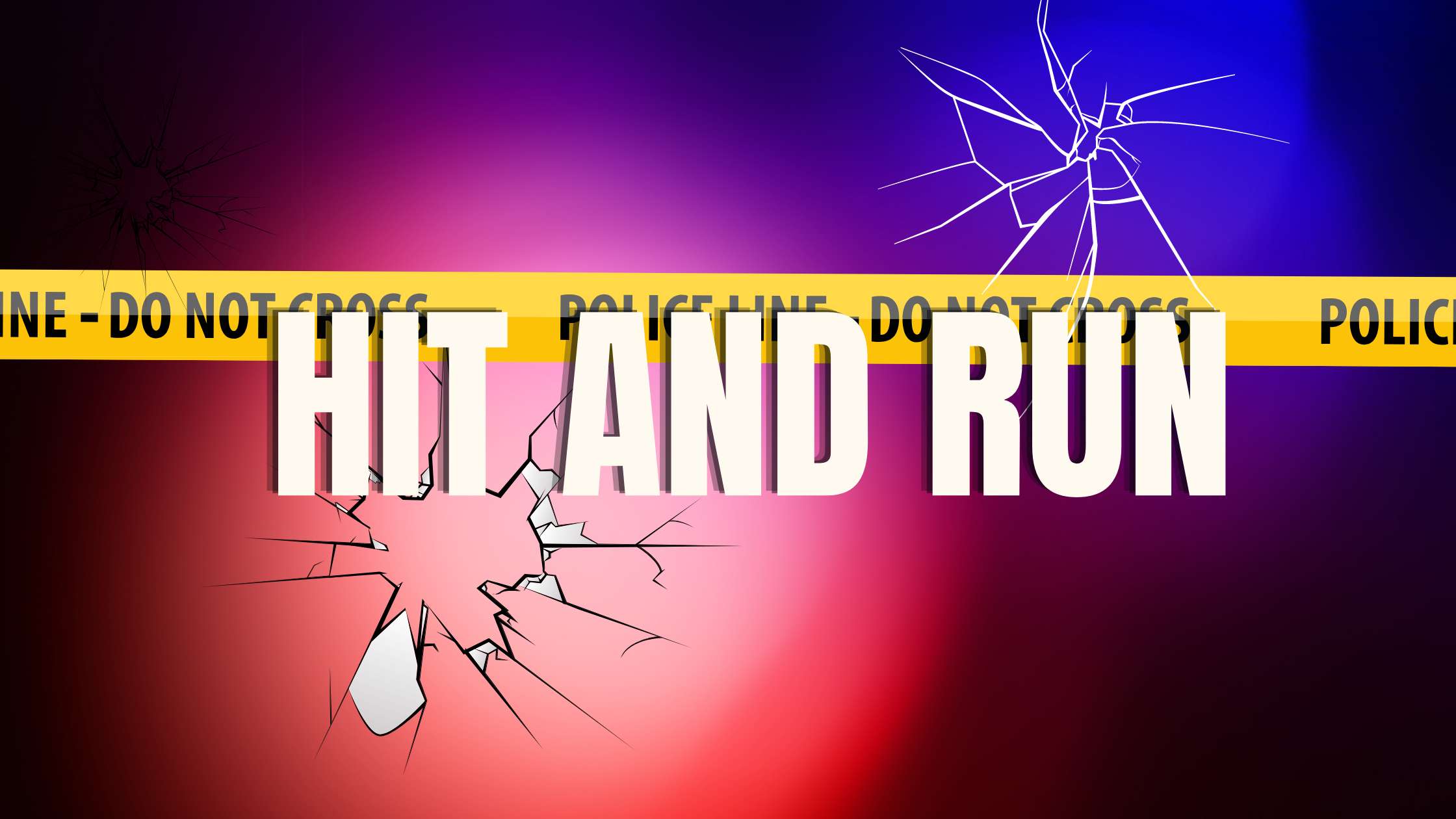 "Hit and Run" is written across a a blue and red emergency light background, two grphics of cracks and a police line complete the graphic