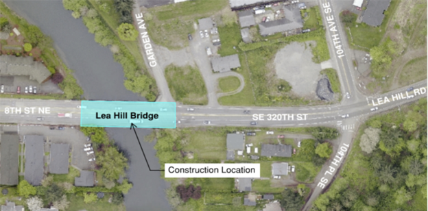An overhead view map of the Lea Hill Bridge construction section