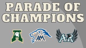 graphic promoting the March 21 Parade of Champions with the three school logois on it