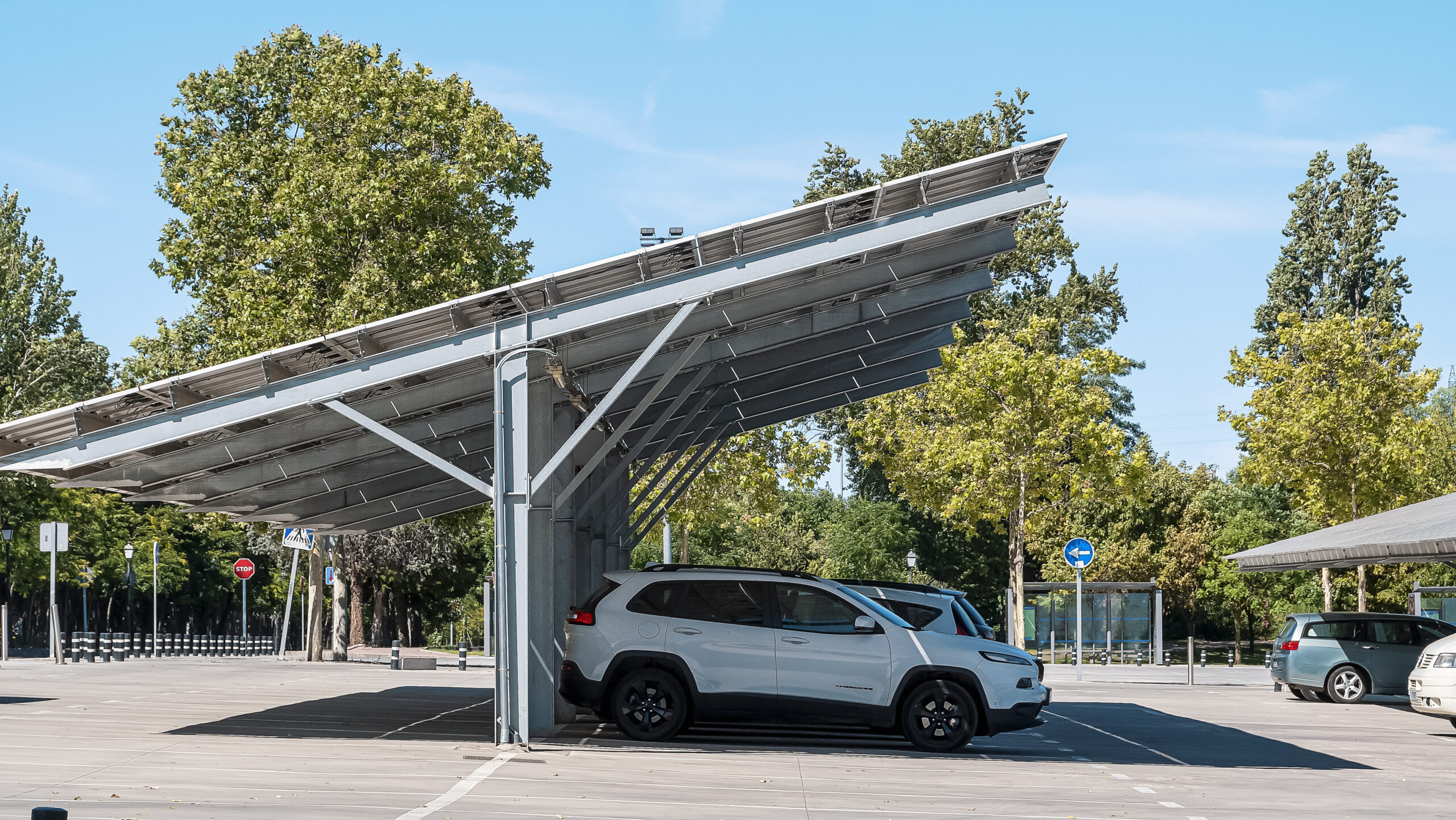 A futuristic solar powered parking area to charge electric vehic