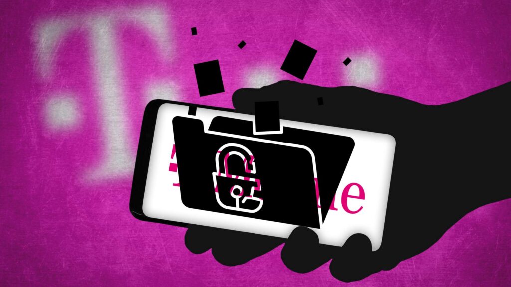 A black hand holds a cellphone horizontally, a black file folder with files floating out covers T-mobile on the screen.