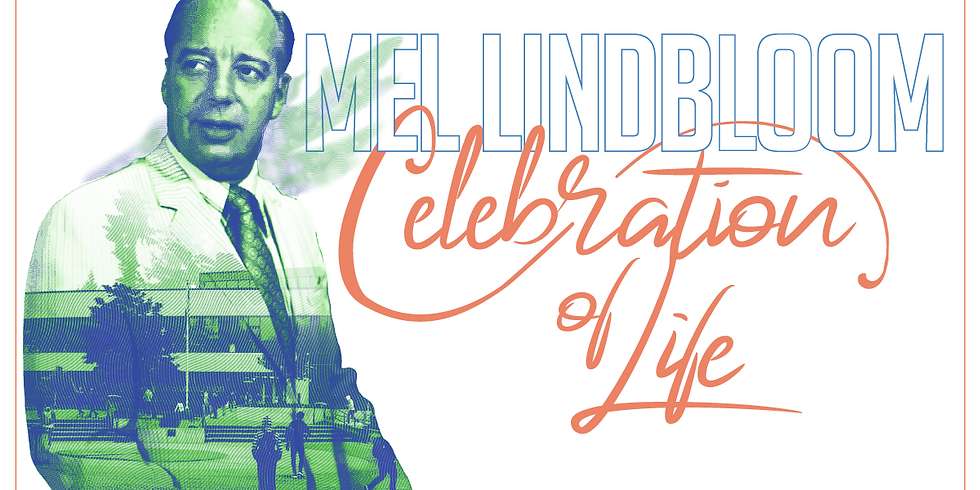 A graphic promoting the celebration of life for Dr. Mel Lindbloom. The graphic has a photo of Lindbloom with GRC inset within it