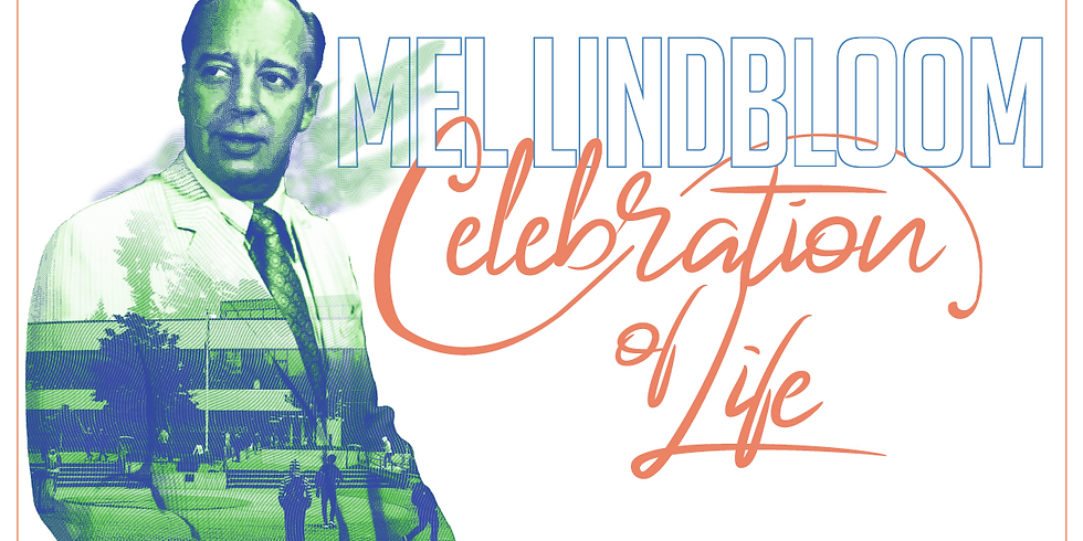 A graphic promoting the celebration of life for Dr. Mel Lindbloom. The graphic has a photo of Lindbloom with GRC inset within it