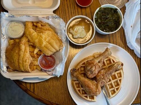 Chicken and waffles, and fried fish