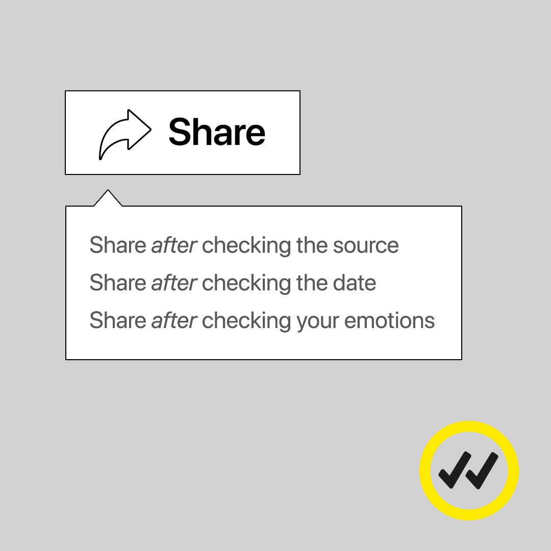 A share before you care graphic with a simple Share button. Below it are 3 sentences stating share after checking the source, date, and your emotions.