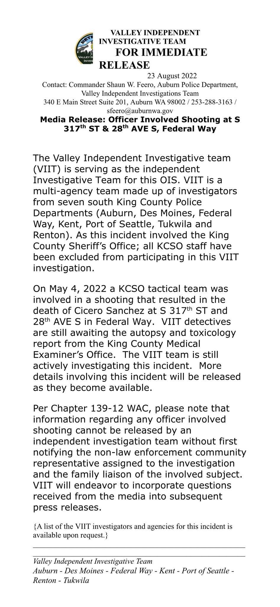 The Aug 23 2022 VIIT update for the Fatal shooting by a FWPD Officer
