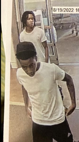 Two Black males wearing dark pants and white short sleeved shirts enter a retail store in a still from security footage.