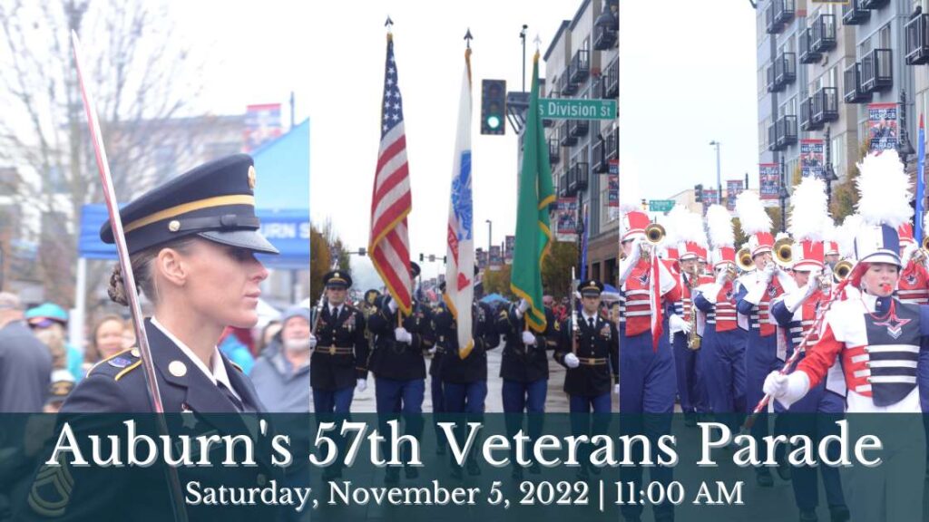 three photo collage of previous veterans day parade. A female armed forces officer with a sword at her shoulder, an honor guard and a high school marching band