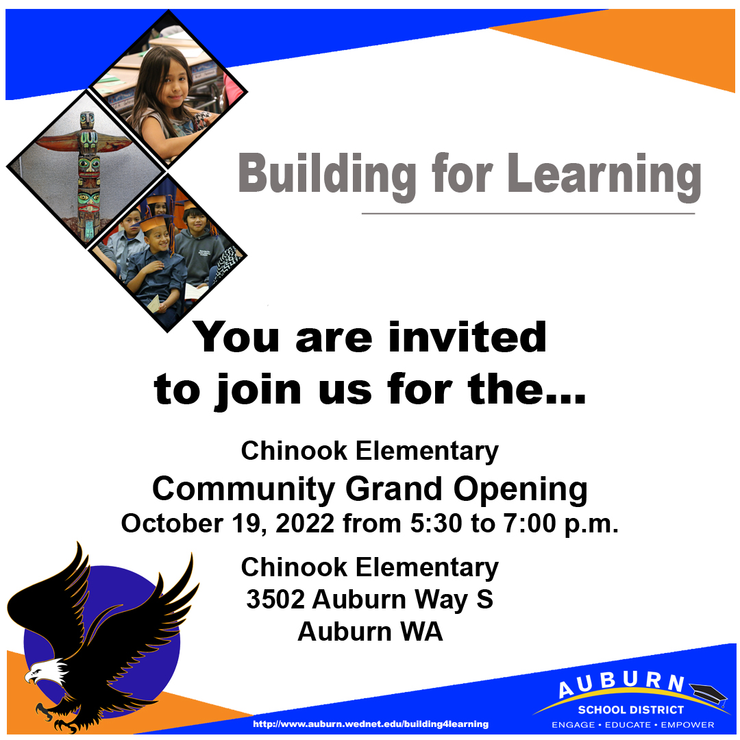 chinook community grand opening graphic. Information in caption.