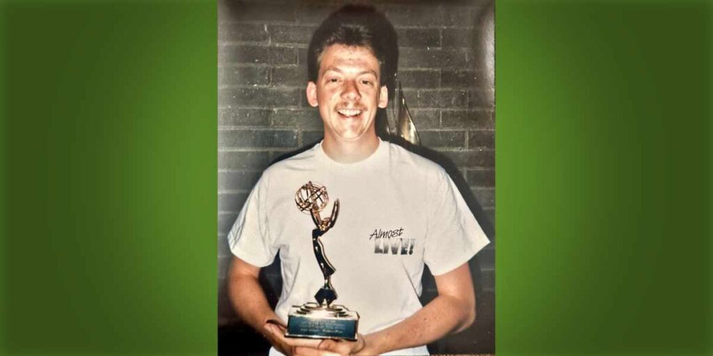 Scott Schaefer with his first Emmy Award for "Almost Live!" 1986.